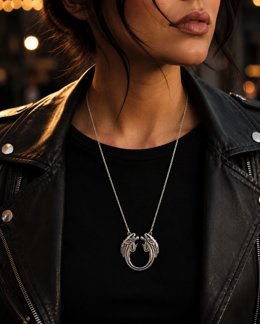 Jesus Christ Superstar sterling silver large pendant necklace worn with a black leather jacket for a theatre night look