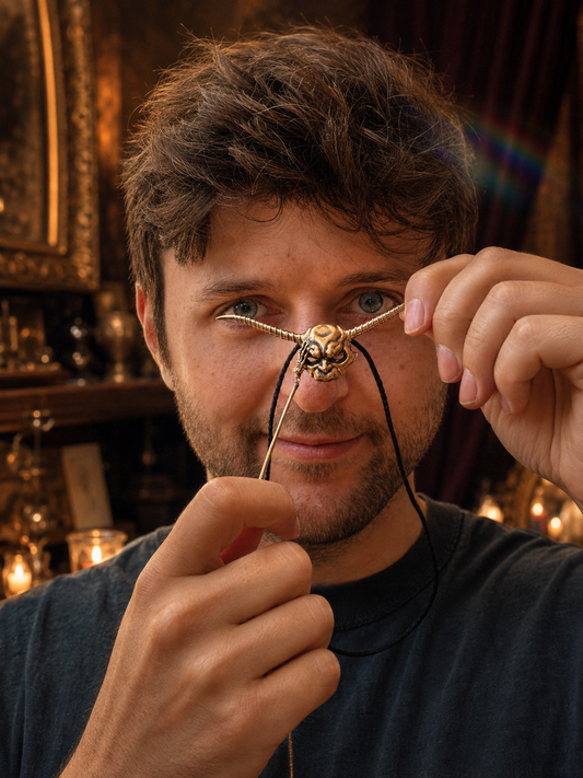 A man holding a gold goblin king mask with a black cord against his nose, set against a warm, dark, ornate background.
