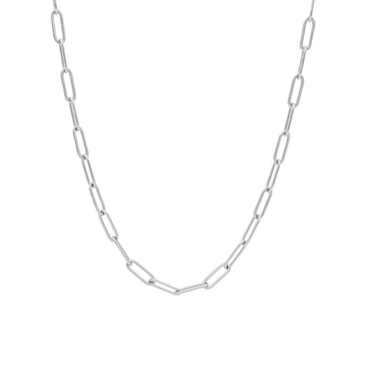 Front-facing view of the Sterling Silver Paperclip Necklace, showcasing the sleek rectangular link design.