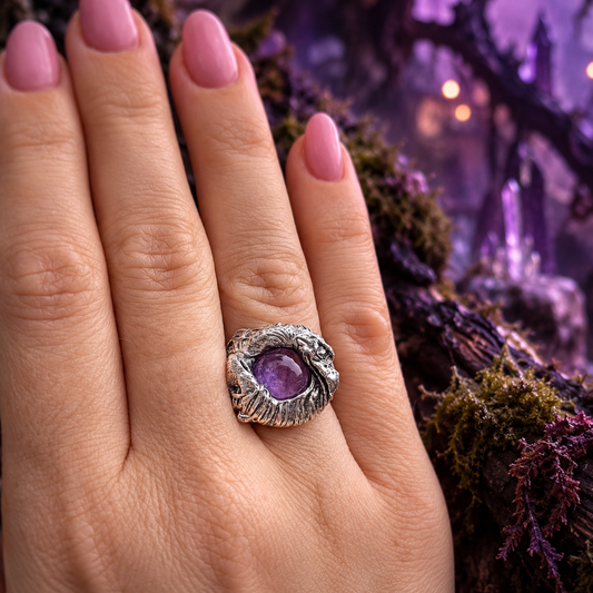 The Dark Crystal Skeksis and Mystic amethyst ring worn on a hand with soft pink nails against a blurred green outdoor background.