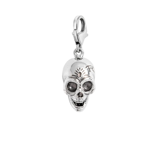 Licensed To Charm Frida-inspired calavera skull charm in sterling silver with lobster clasp on a white background