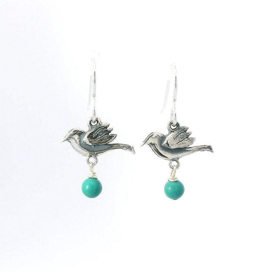 Licensed To Charm Frida Kahlo bird turquoise drop earrings in sterling silver, handmade in the UK
