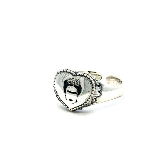 Frida Kahlo Viva La Vida Heart Ring in sterling silver on white background, handmade by Licensed To Charm.