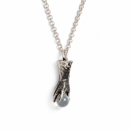 Labyrinth Goblin King sterling silver hand and crystal ball necklace