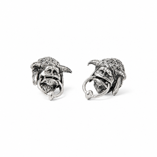 Officially licensed Labyrinth Ludo stud earrings by Licensed To Charm, handmade in sterling silver with detailed character design and sculpted ring detailing.
