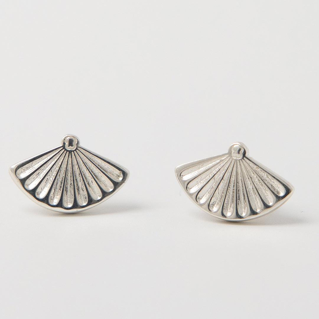 Licensed To Charm Close-up of Miffy Fan Stud Earrings in sterling silver, featuring Miffy’s face within a detailed fan-shaped design.