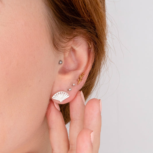 Miffy Fan Stud Earrings displayed on ears, highlighting the sterling silver finish and elegant, fan-inspired Miffy charm.