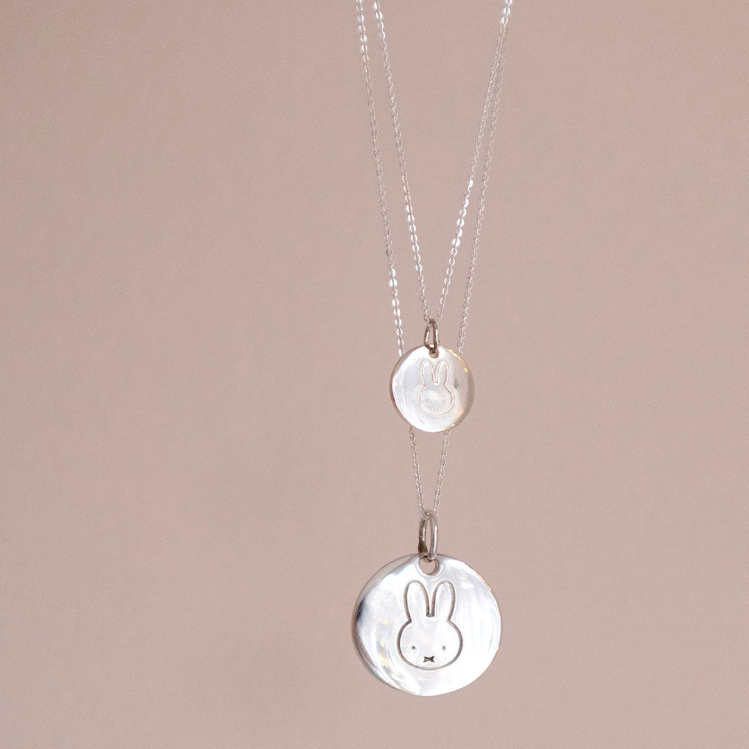 Licensed To Charm Miffy Large Disc Necklace in sterling silver dangling with smaller version to show size