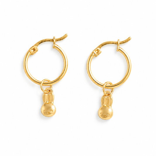 Licensed to Charm Miffy Mini Head Hoop Earrings handmade in 18ct gold vermeil on a white background.