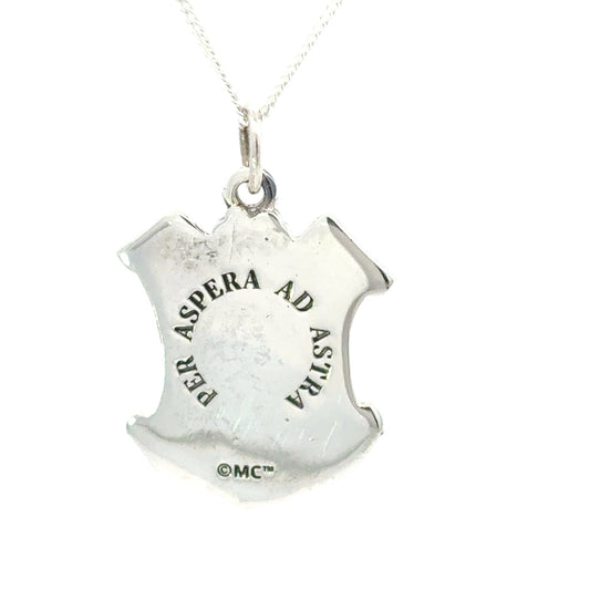 Licensed To Charm Moomin Crest Silver necklace with a pendant featuring engraved text on a white background