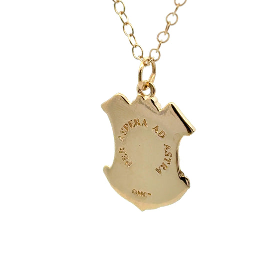 Back view of 18ct gold vermeil Moomin Crest pendant on a fine gold vermeil chain, handmade in the UK.