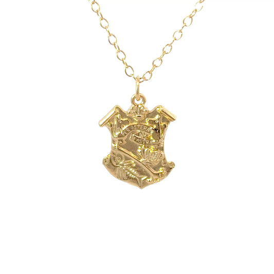 Licensed To Charm 18ct gold vermeil Moomin Crest pendant necklace with engraved Moomins, crown, fish and motto Per Ardua ad Astra