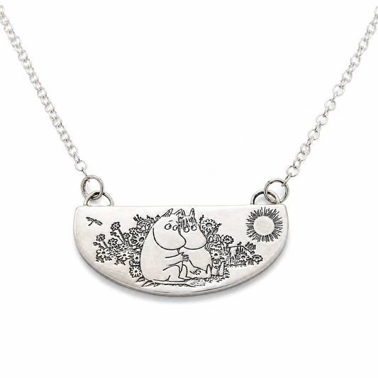 Licensed To Charm Moomin Friends Among Flowers Necklace in sterling silver featuring Moomintroll and Snorkmaiden among flowers
