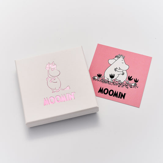 Official Moomin jewellery packaging featuring Licensed To Charm gift box and Moomin branded gift card