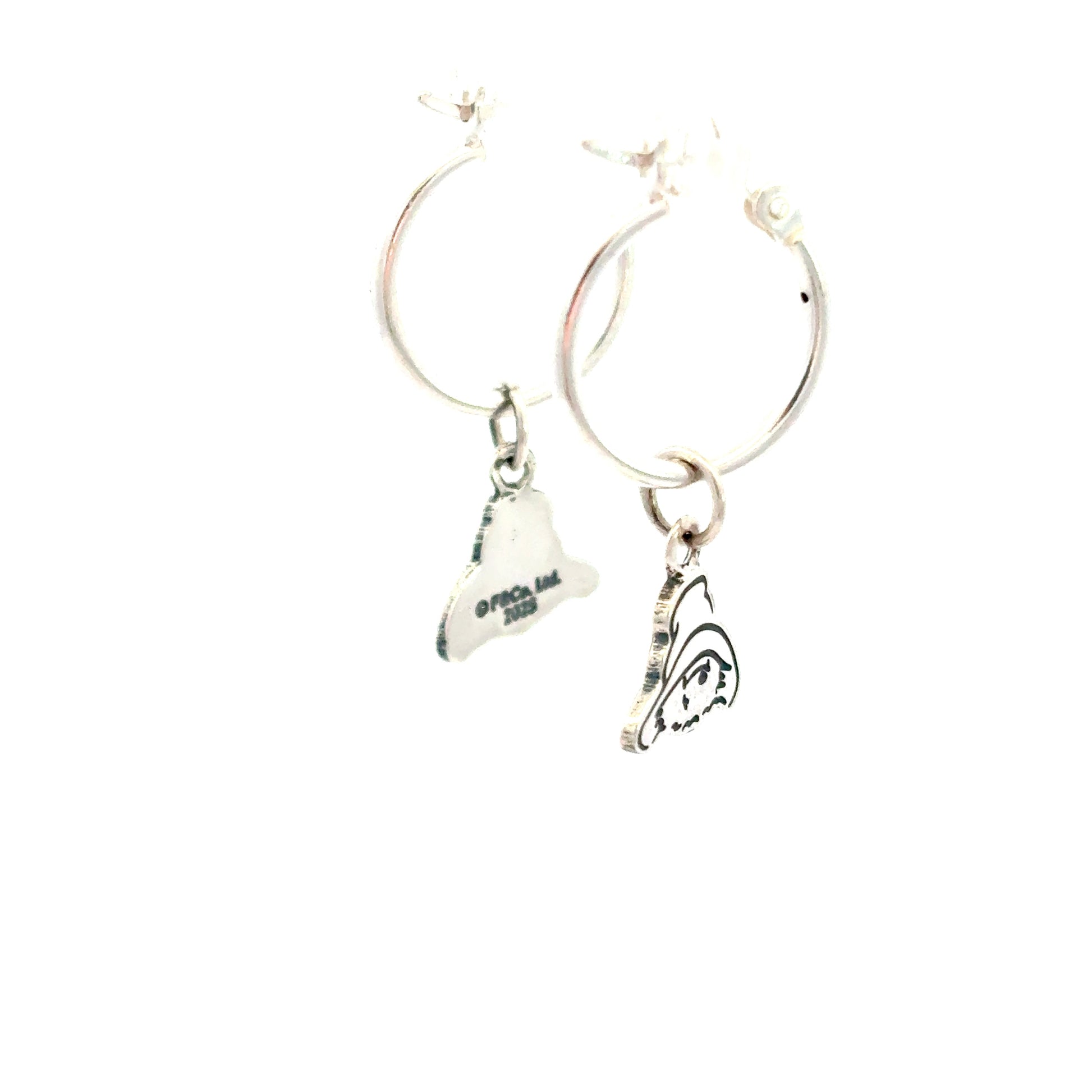 Sterling-silver Paddington head hoop earrings angled view showing polished finish and oxidised detail