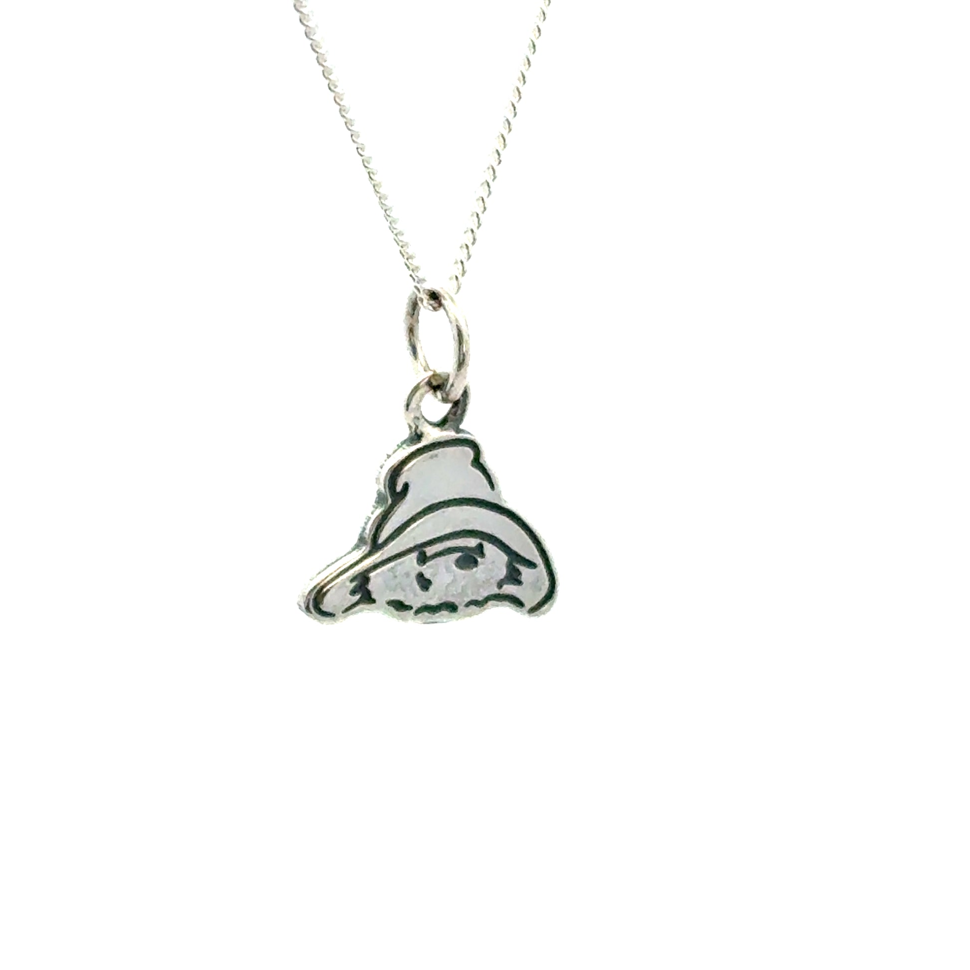 Sterling silver necklace with mini Paddington Bear head pendant on a white background