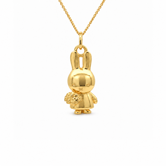 Miffy Holding Flowers Necklace in 18ct gold vermeil, featuring a detailed Miffy bunny pendant carrying a bouquet of flowers
