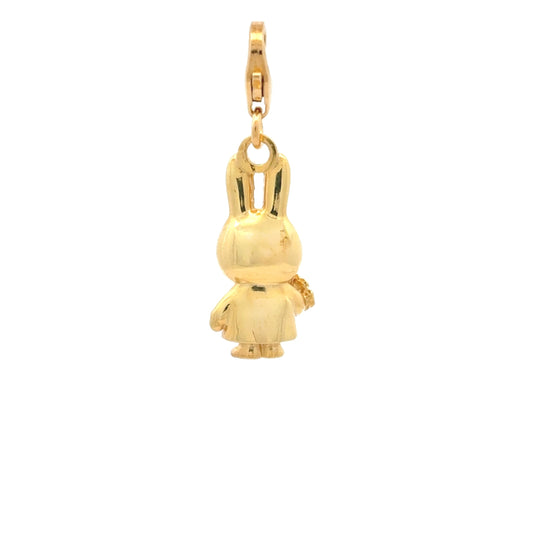 Detailed view of gold vermeil Miffy Holding Flowers charm showing the floral bouquet, Miffy pendant and clip-on clasp.