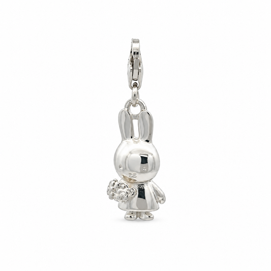 Sterling silver Miffy Holding Flowers clip-on charm featuring Miffy carrying a detailed bouquet of flowers with a lobster clasp fastening.