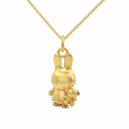 Miffy Holding Teddy Necklace in 18ct gold vermeil featuring a detailed 3D Miffy pendant cuddling her teddy bear on a gold chain.