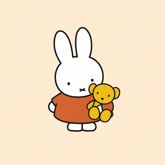 A minimalist Miffy illustration of a white rabbit wearing an orange dress and holding a small yellow teddy bear, centered on a pale peach background.