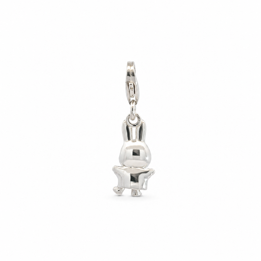 Front view of the sterling silver Miffy Jumping charm showing her signature long ears, playful jumping pose and detailed silver finish.
