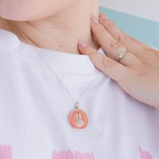 Model wearing Miffy Bunny Red Enamel Disc Necklace – Sterling Silver Handmade Gift