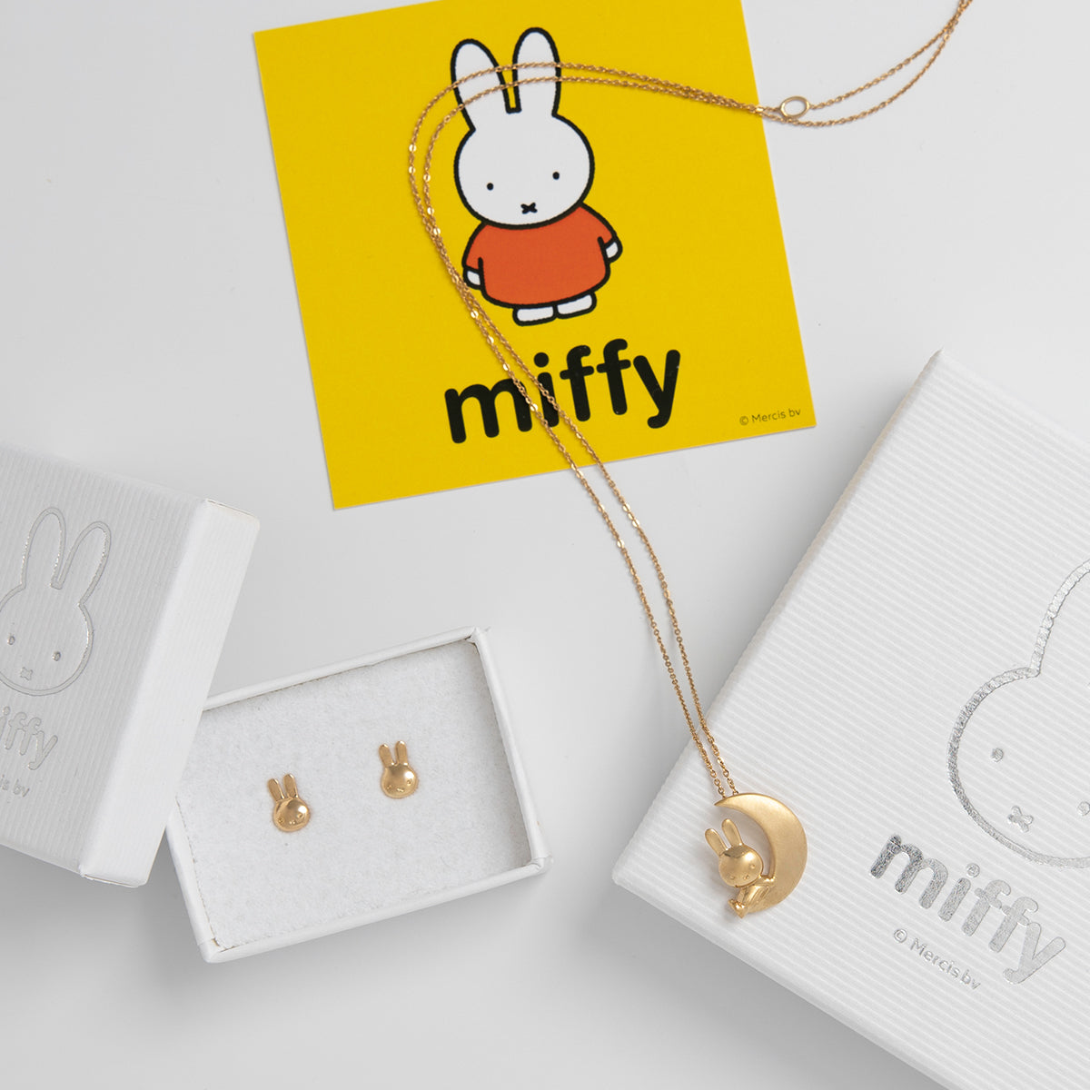 Miffy Jewellery Set in 18ct gold vermeil, featuring a crescent moon necklace and Miffy head earrings. Handcrafted and perfect for gifting