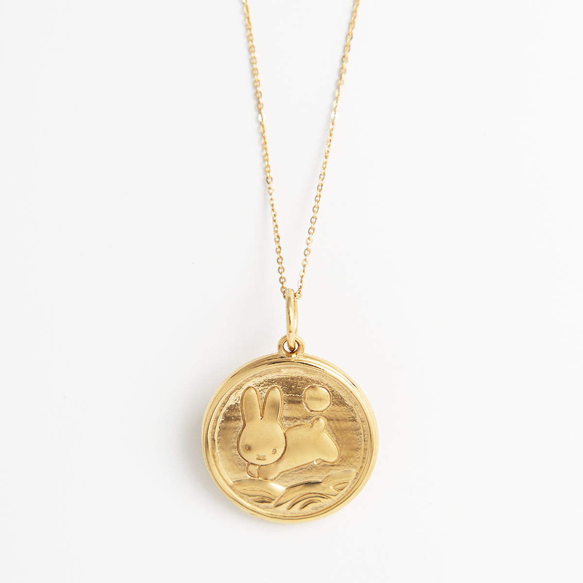 Miffy New Year Medallion Necklace in 18ct gold vermeil, featuring a double-sided design with Miffy leaping over moonlit fields and a lucky coin motif.