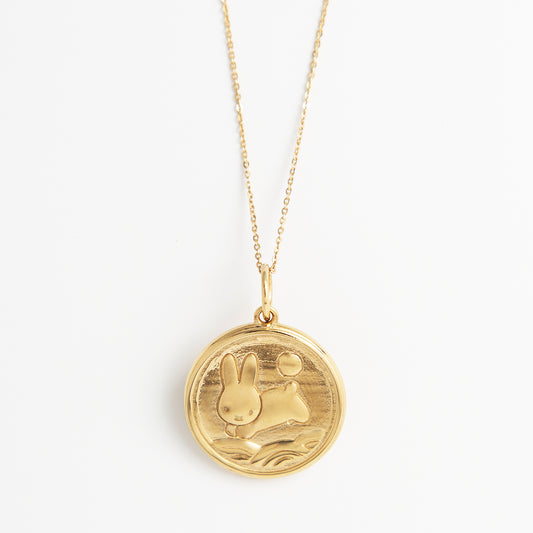 Miffy New Year Medallion Necklace in 18ct gold vermeil, featuring a double-sided design with Miffy leaping over moonlit fields and a lucky coin motif.