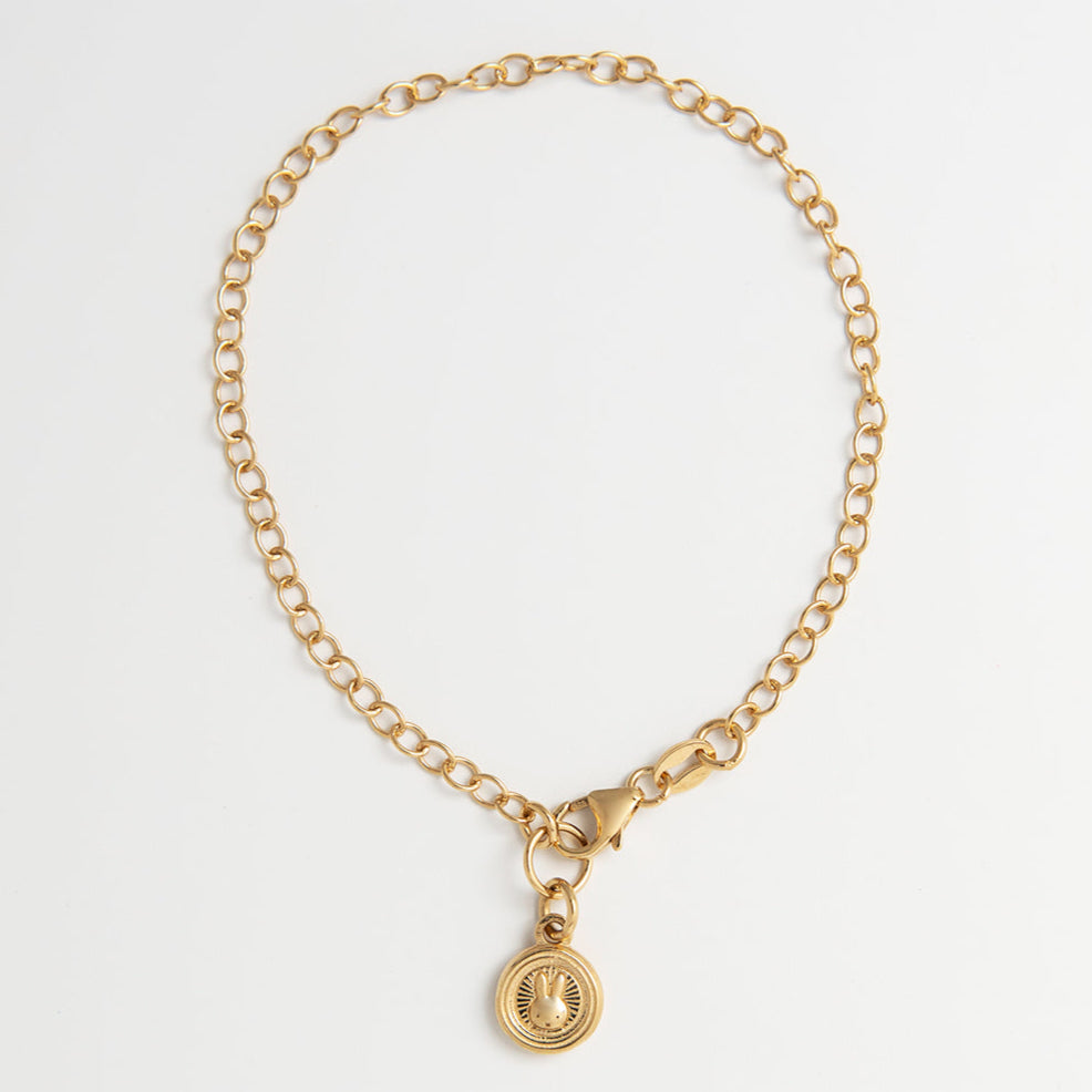 Miffy Mini Coin Charm Bracelet in 18ct Gold Vermeil, featuring Miffy’s face with a Chinese lucky coin pattern—perfect for gifting and Year of the Rabbit celebrations.