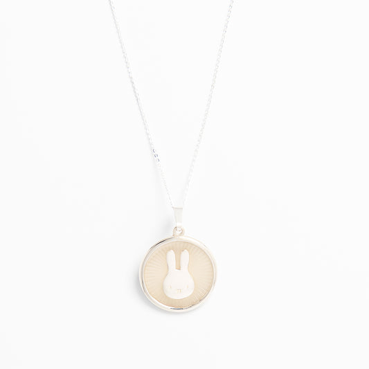 Miffy White Enamel Disc Necklace in sterling silver, featuring Miffy’s silhouette on a crisp white enamel disc. A playful and elegant accessory.