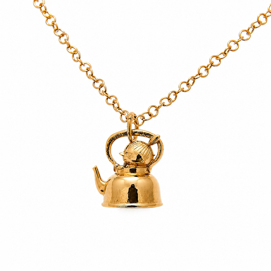 Moomin Little My necklace in 18ct gold vermeil, featuring Little My sitting inside a teapot on a fine gold chain.