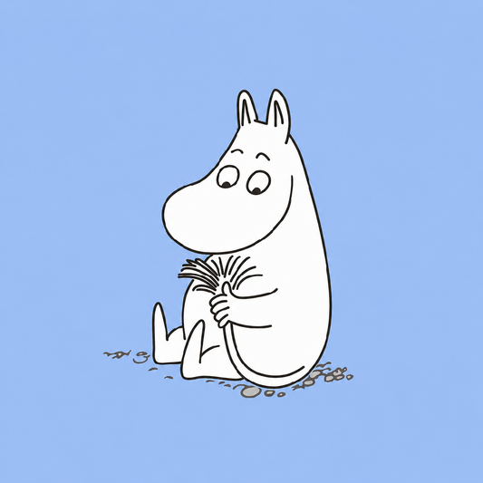 A minimalist line-art illustration of a Moomintroll character sitting on a light blue background, holding a small bundle of strands.