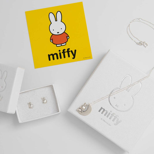 Miffy Silvery Moon Jewellery Gift Set in sterling silver, including a crescent moon necklace and Miffy head earrings. A whimsical gift for all ages.