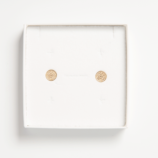 Close-up of the gold vermeil Lace Stud Earrings highlighting the fine laser-etched lace detailing and polished finish.