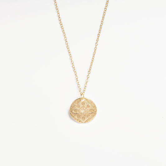 Front-facing view of the Solid Lace Necklace in 18ct gold vermeil, featuring an etched lace pattern inspired by Tudor fashion.