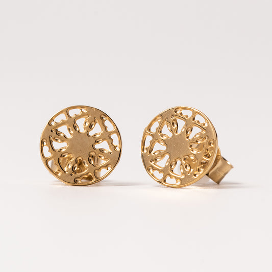 Front-facing view of the Lace Stud Earrings in 18ct gold vermeil, showcasing the intricate lace-etched pattern inspired by Elizabethan fashion.