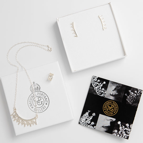 Sterling silver crown jewellery gift set inspired by Queen Elizabeth II’s ‘Girls of Great Britain and Ireland’ tiara. Includes necklace, ear climbers & cuff.