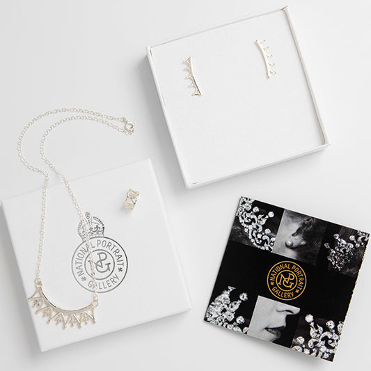 Sterling silver crown jewellery gift set inspired by Queen Elizabeth II’s ‘Girls of Great Britain and Ireland’ tiara. Includes necklace, ear climbers & cuff.