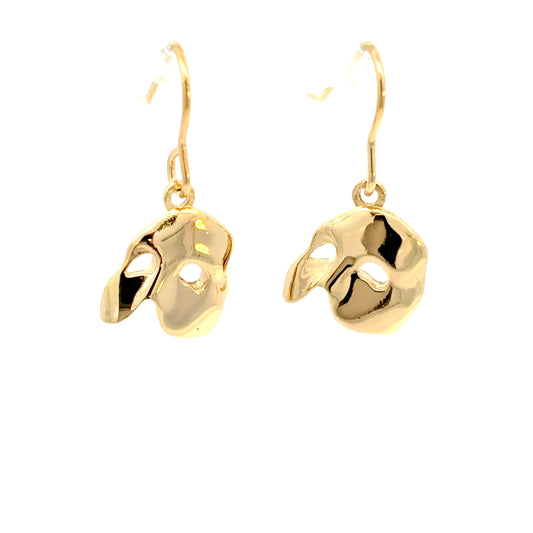 Phantom of the Opera mask drop earrings in 18ct gold vermeil on white background, handmade in the UK