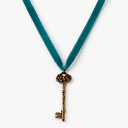 Phantom of the Opera bronze Angel of Music key necklace on a teal velvet ribbon