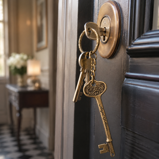 Phantom of the Opera bronze Angel of Music keyring attached to house keys in a front door lock.