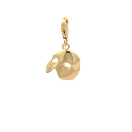 Licensed To Charm Phantom of the Opera 18ct gold vermeil mask charm on white background with clip-on clasp, handmade in the UK