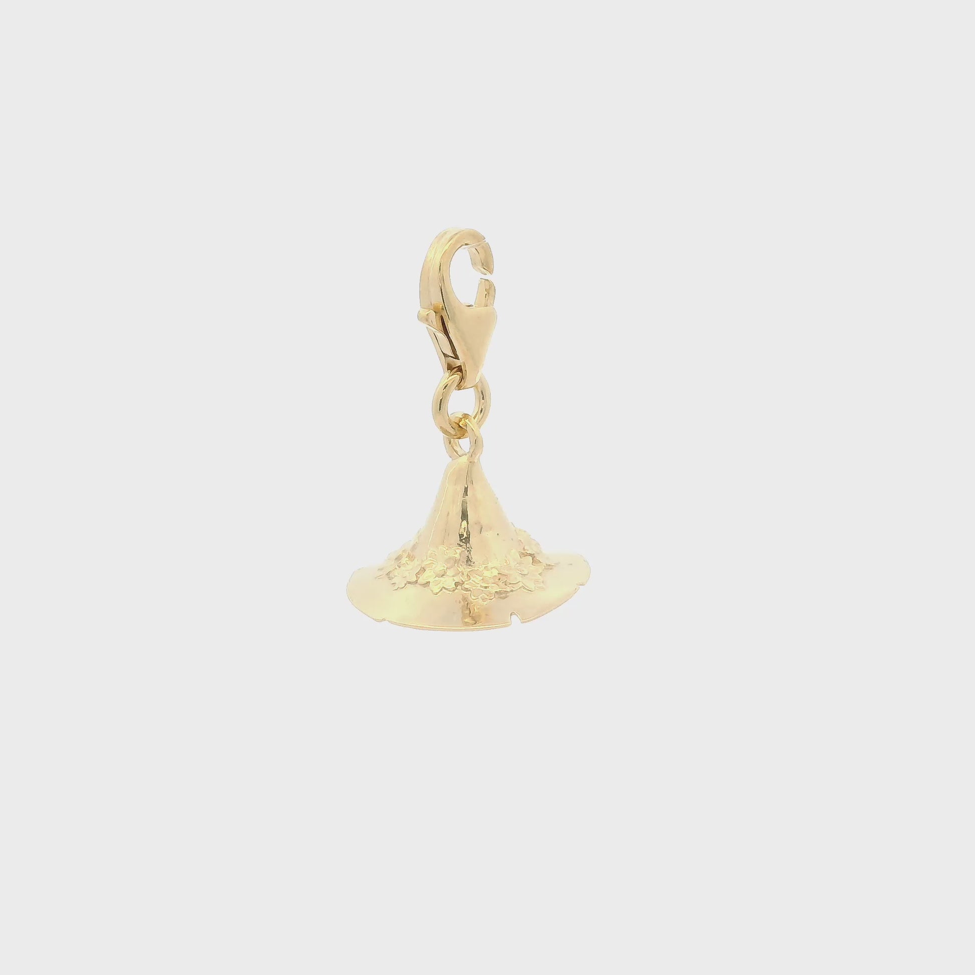Gold vermeil Snufkin Hat charm shown from multiple angles, highlighting floral engraving and polished clip-on clasp