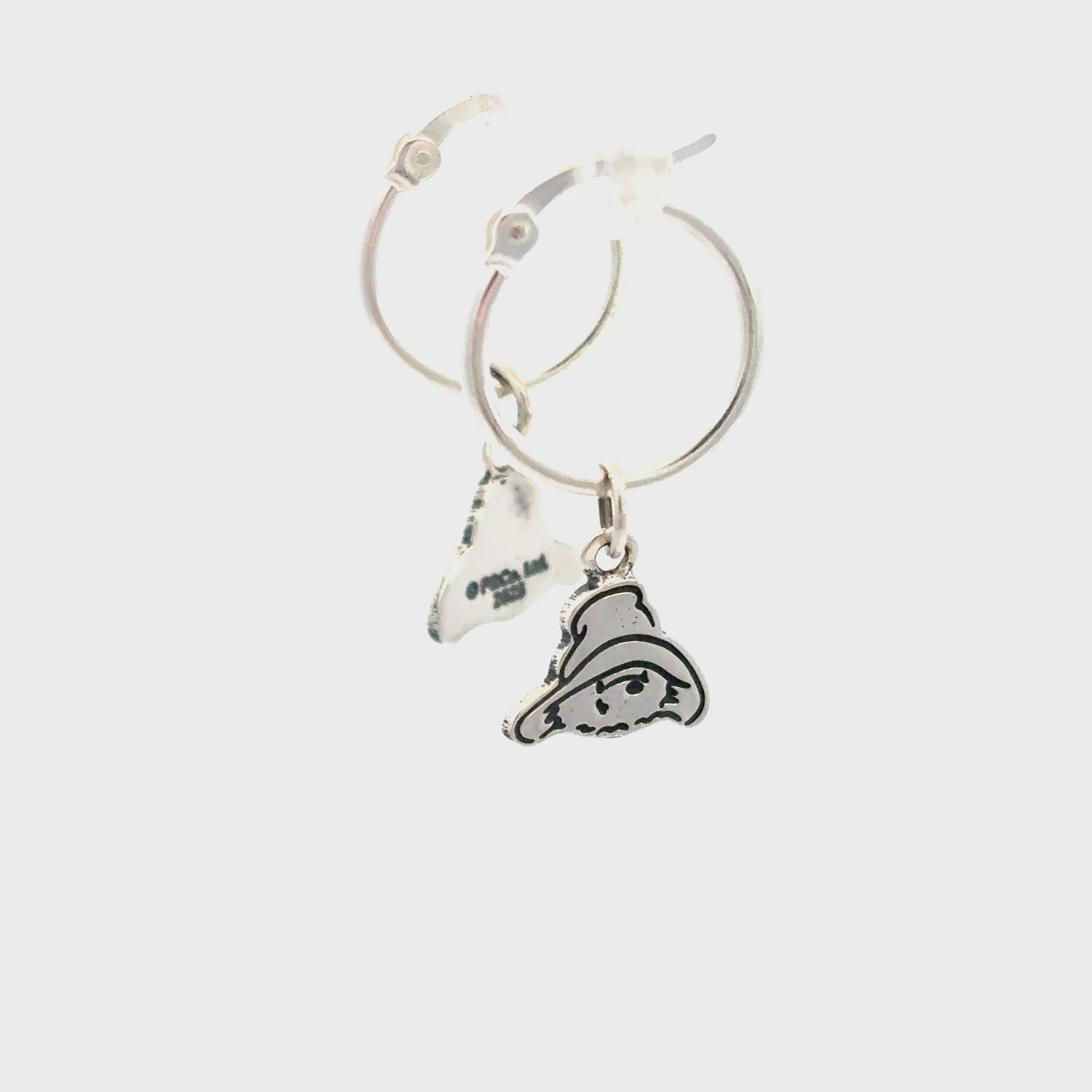 Sterling silver hoop earring video to show Paddington charm movement and shape