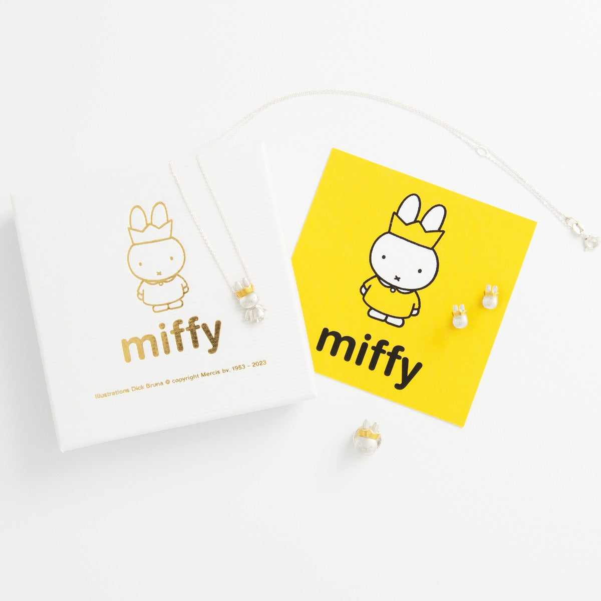 Queen Miffy Silver & Gold Stud Earrings presented in a Licensed To Charm gift box – perfect for gifting.