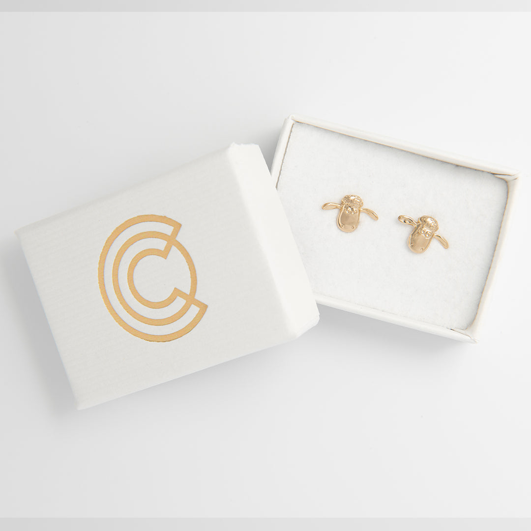 Shaun the Sheep Head Earrings presented in branded gift box – perfect handmade gift for fans and collectors.