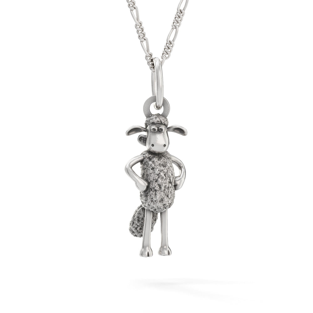 Shaun the Sheep Standing Necklace in sterling silver on an 18-inch chain featuring detailed wool texture and playful pose.