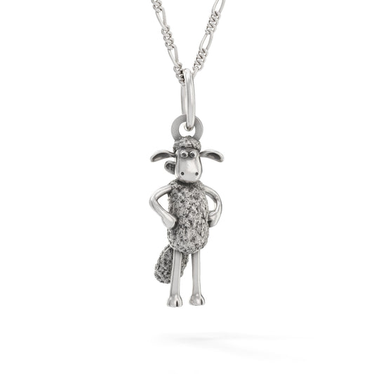 Shaun the Sheep Standing Necklace in sterling silver on an 18-inch chain featuring detailed wool texture and playful pose.